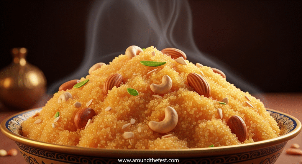 Homemade Suji Halwa in a steel bowl – a simple Indian semolina sweet cooked with ghee, sugar syrup, and cardamom. Natural kitchen setting with warm sunlight for an authentic festive touch."