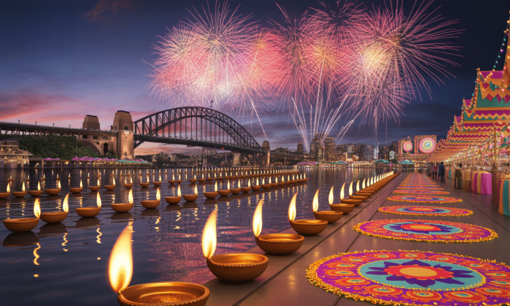 Darling Harbour with floating diyas, fireworks over the harbor, rangoli, Indian-themed decorations, festive cultural atmosphere, no humans present."