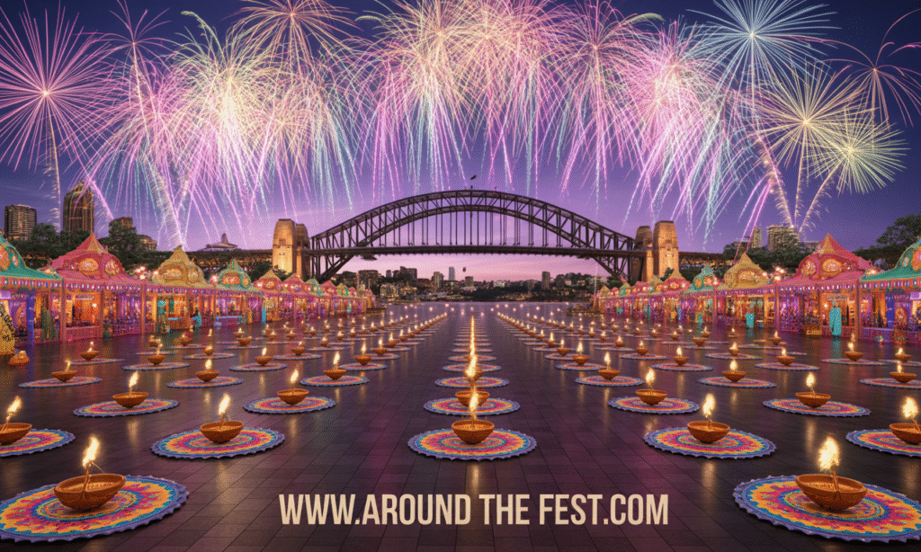 Darling Harbour with floating diyas, fireworks over the harbor, rangoli, Indian-themed decorations, festive cultural atmosphere, no humans present."