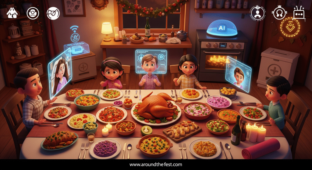  celebration with AI-assisted cooking, smart home technology, virtual family dinners, multicultural dishes including Southern BBQ, vegan meals, and Italian-American cuisine, plus wellness rituals, gratitude circles, and charity drives highlighting modern, eco-friendly, and inclusive Thanksgiving traditions in the USA."