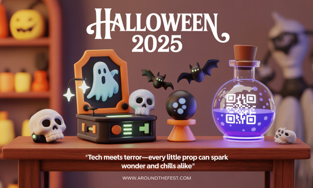 Advanced DIY Halloween props including motion-activated sound boxes, haunted mirrors, QR-code potion bottles, and glow-in-the-dark 3D miniatures arranged in a spooky, interactive display.