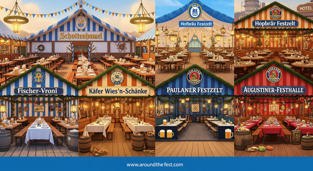 Theresienwiese with empty Schottenhamel, Hofbräu, Käfer Wies’n-Schänke, Paulaner, Augustiner, and hidden tents, decorated tables, lanterns, gourmet dishes, barrels, and symbolic travel and calendar elements, photorealistic and festive atmosphere.”