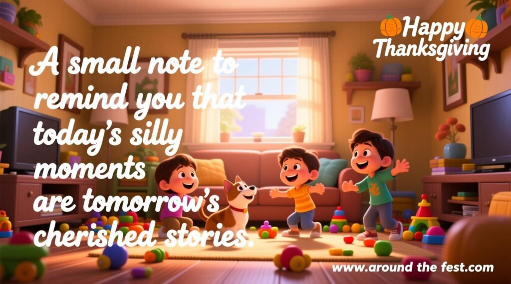 "Whimsical living room with children and pets playing, colorful toys scattered, sunlight streaming through window, overlay text: 'A small note to remind you that today’s silly moments are tomorrow’s cherished stories.'"