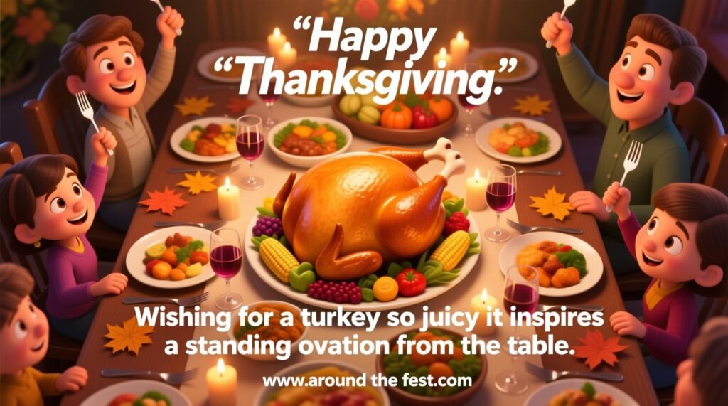 "Overhead view of golden roasted Thanksgiving turkey on festive table with smiling family, autumn decor, overlaying wish text about juicy turkey."