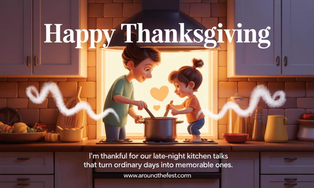 Happy Thanksgiving Wishes and Images“Stylized illustration of a cozy kitchen at night with a warm glowing window, a parent and child silhouetted against the light while stirring a pot together, whimsical steam rising forming heart shapes, soft autumn tones, overlay text in modern, elegant font: ‘I’m thankful for our late-night kitchen talks that turn ordinary days into memorable ones.’”