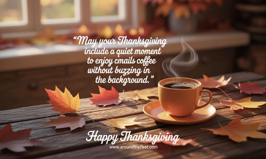 Happy Thanksgiving Wishes and Images "Steaming cup of coffee on rustic table with autumn sunlight and leaves outside, overlaying wish text about enjoying a quiet Thanksgiving moment without emails."