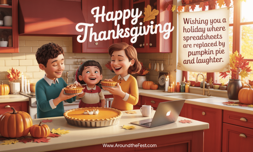 "Family enjoying pumpkin pies in kitchen with closed laptop aside, laughing and sharing slices, autumn decor, overlaying wish text about replacing spreadsheets with pie and laughter."