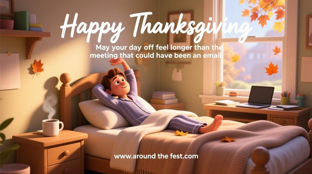 "Person relaxing in cozy bedroom with coffee, blankets, and autumn view outside, work pushed aside, overlaying wish text about enjoying a day off longer than a meeting."