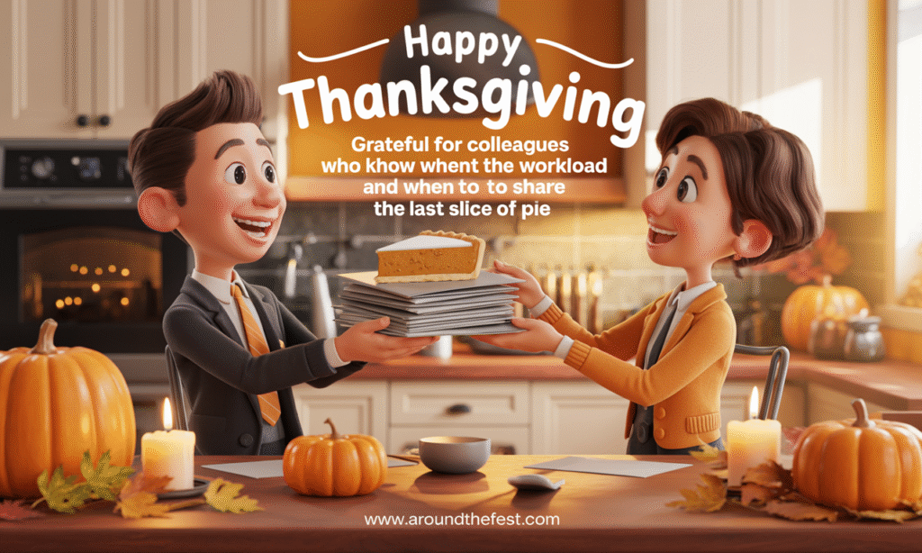 Happy Thanksgiving Wishes and Images Coworkers laughing in office kitchen, sharing documents and pumpkin pie, autumn decorations around, overlaying wish text about grateful colleagues."
