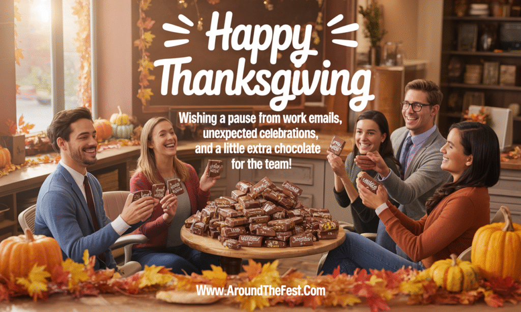 "Coworkers enjoying chocolates and laughing in cozy office corner with autumn decorations, laptop pushed aside, overlaying wish text about pausing emails and celebrating."