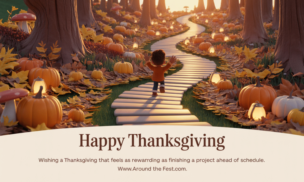Thanksgiving quote image with a rustic wooden table, pumpkin pie, coffee, autumn leaves, and glowing fairy lights, featuring the text: “Wishing a Thanksgiving that feels as rewarding as finishing a project ahead of schedule.”