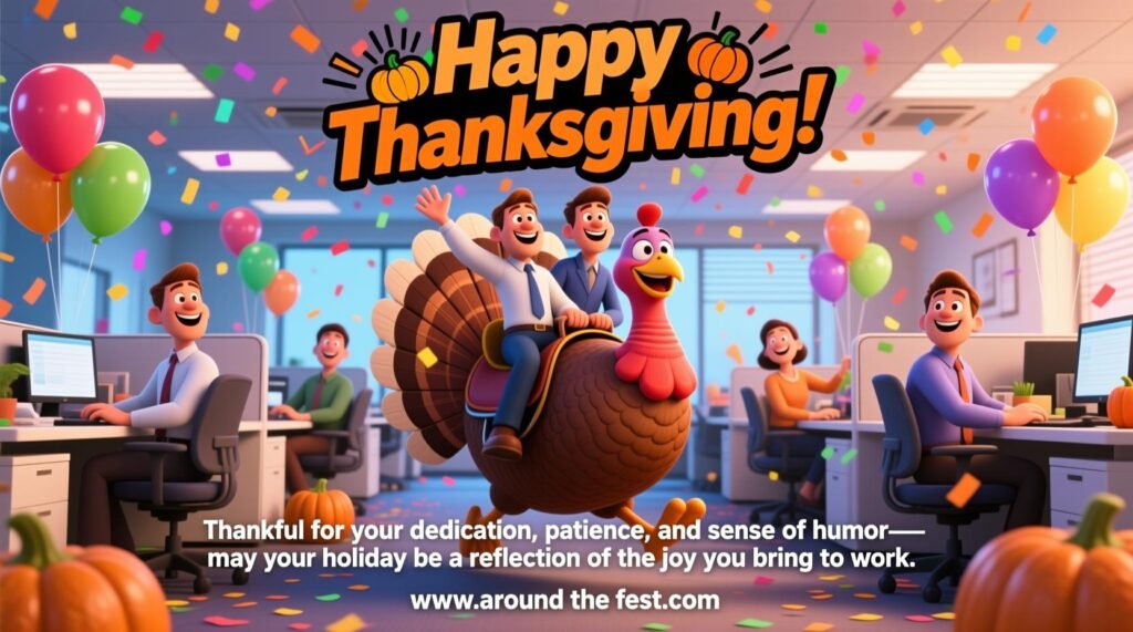 Happy Thanksgiving Wishes and Images “Vibrant illustration of coworkers riding a giant Thanksgiving turkey with confetti and balloons, overlay text: ‘Thankful for your dedication, patience, and sense of humor—may your holiday be a reflection of the joy you bring to work.’”