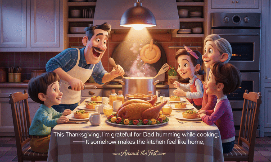 Happy Thanksgiving Wishes and Images Heartwarming Thanksgiving kitchen scene with Dad cooking and humming, cozy autumn atmosphere, pumpkins and pies on counter, family enjoying festive moments, overlay text expressing gratitude for Dad’s humming."