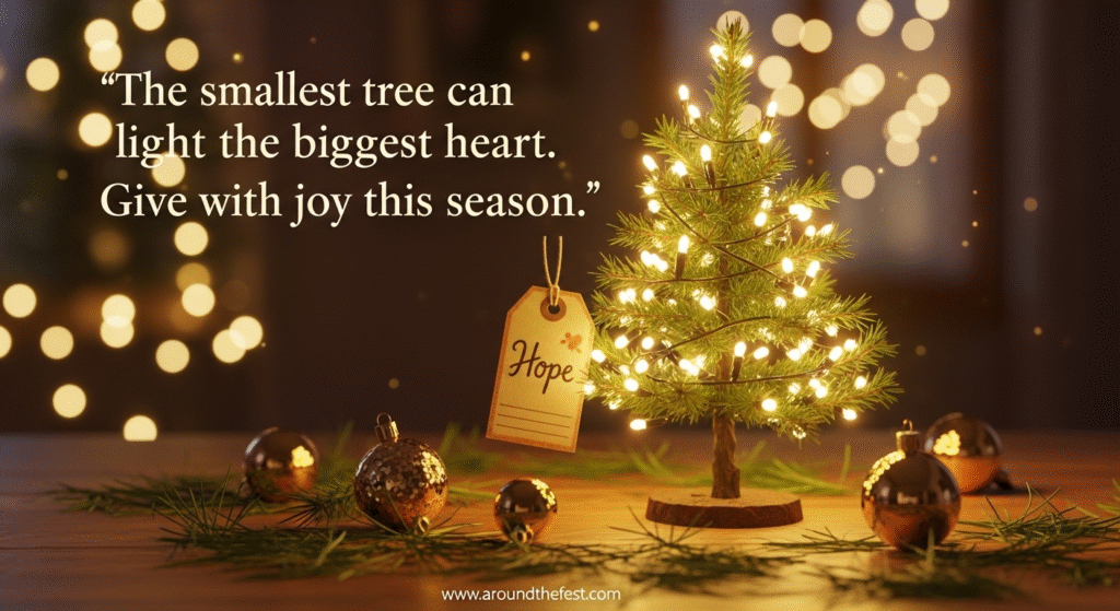 "Tabletop Christmas tree glowing with mini lights, surrounded by pine branches, gold ornaments, and a tag labeled 'Hope'; soft-focus fairy lights in the background with an overlay quote: 'The smallest tree can light the biggest heart. Give with joy this season.' Cozy and meaningful holiday scene for Festival of Trees inspiration."