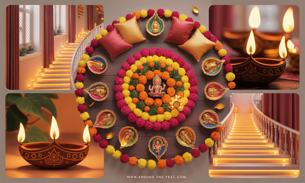Infographic illustration of decorating tips including eco-friendly diyas, LED lights, themed decor, floral arrangements, and festive corners with idols and candles."