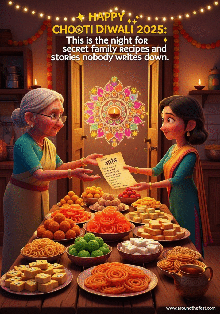 Choti Diwali 2025 kitchen with homemade Indian sweets, family sharing recipes and stories, warm golden glow and festive rangoli."