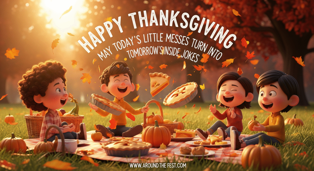 Happy Thanksgiving Wishes and Images "Family laughing in cozy Thanksgiving kitchen with spilled pie and pumpkin, scattered utensils, overlaying wish text about turning messes into inside jokes."