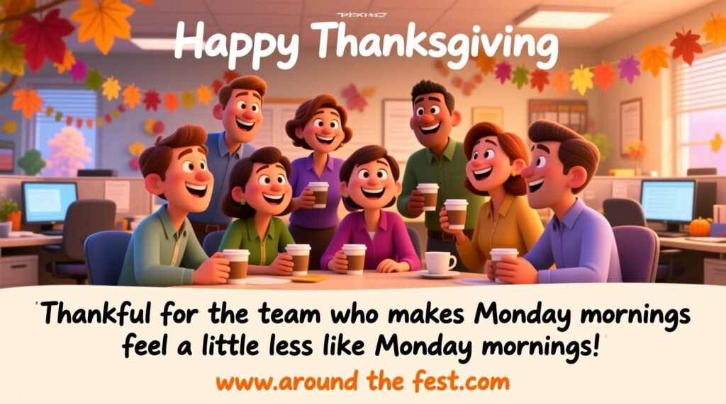 "Coworkers laughing and enjoying coffee together in a cheerful office with autumn decorations, overlaying wish text about team making Mondays better."