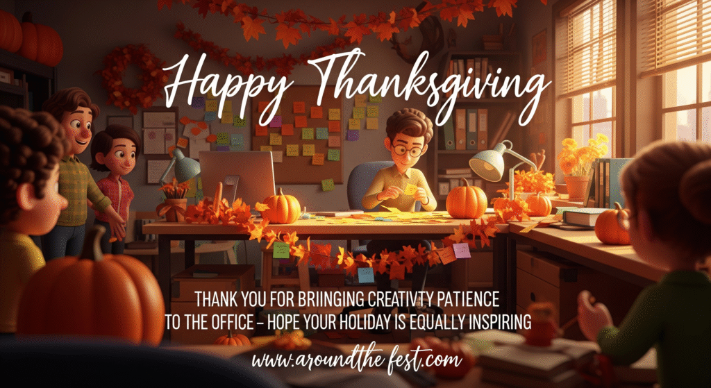 Happy Thanksgiving Wishes and Images "Person arranging autumn-themed stationery and sketches in cozy home office with pumpkin-spice latte and fall decorations, overlaying wish text about creativity and patience."