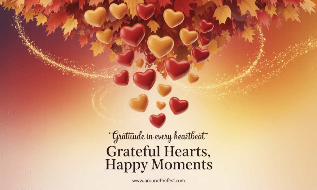 “Vibrant Thanksgiving banner with golden-orange gradient, floating autumn leaves, subtle sparkles, and silhouettes of people celebrating, overlay text: ‘Grateful Hearts, Happy Moments’.”