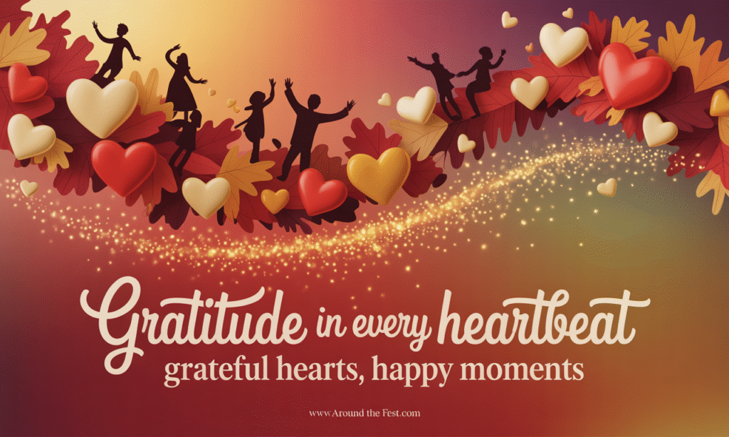 “Vibrant Thanksgiving banner with golden-orange gradient, floating autumn leaves, subtle sparkles, and silhouettes of people celebrating, overlay text: ‘Grateful Hearts, Happy Moments’.”