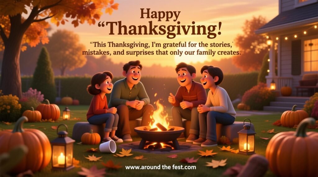 "Family enjoying Thanksgiving outdoors around a fire pit at sunset, laughing and sharing stories with playful mishaps, autumn decorations, overlay text celebrating family stories, mistakes, and surprises."