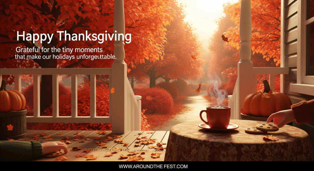 Happy Thanksgiving Wishes and Images "Cozy Thanksgiving morning on a porch with steaming cocoa, autumn leaves, and a child reaching for a cookie, overlay text emphasizing gratitude for tiny unforgettable holiday moments."