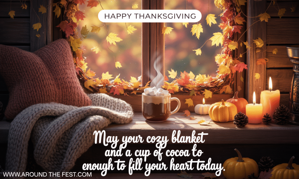 Happy Thanksgiving Wishes and Images Cozy autumn nook with soft blanket, steaming cocoa, candles, sunlight through leaves, overlay text: 'May your cozy blanket and a cup of cocoa be enough to fill your heart today.'"