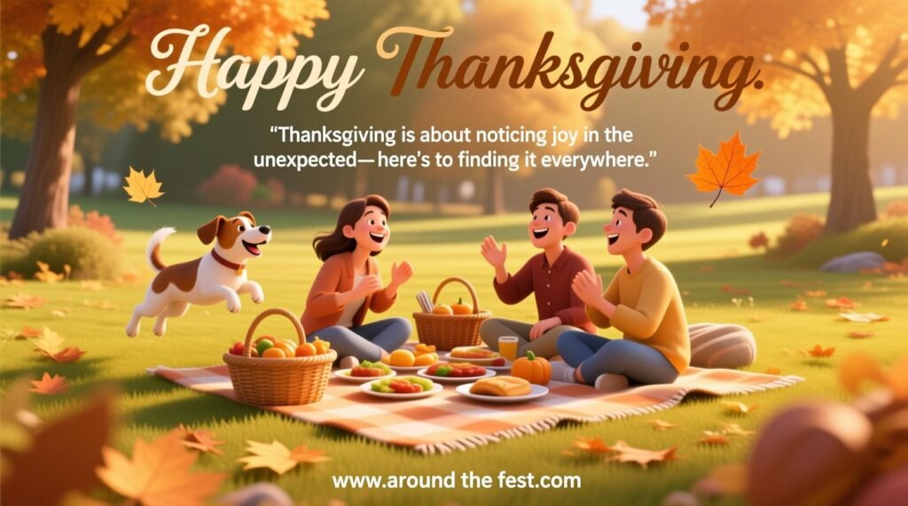 "Cozy indoor Thanksgiving with family enjoying a surprise dessert, pets playing, autumn decorations, overlay text: 'Thanksgiving is about noticing joy in the unexpected—here’s to finding it everywhere.'"