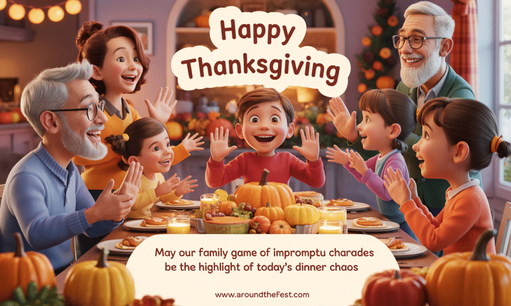 Happy Thanksgiving Wishes and Images "Thanksgiving family playing charades around the dinner table, autumn-themed cozy room, laughter and joyful chaos, overlay text highlighting family game fun during Thanksgiving."