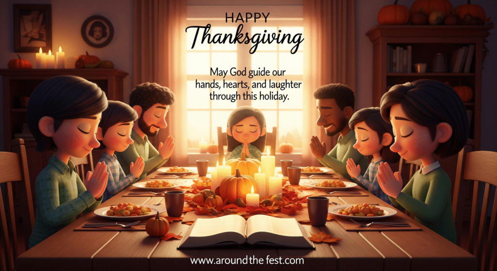 Family gathered in prayer around a Thanksgiving table with Bible, candles, and autumn decorations, overlay text: 'May God guide our hands, hearts, and laughter through this holiday.'"