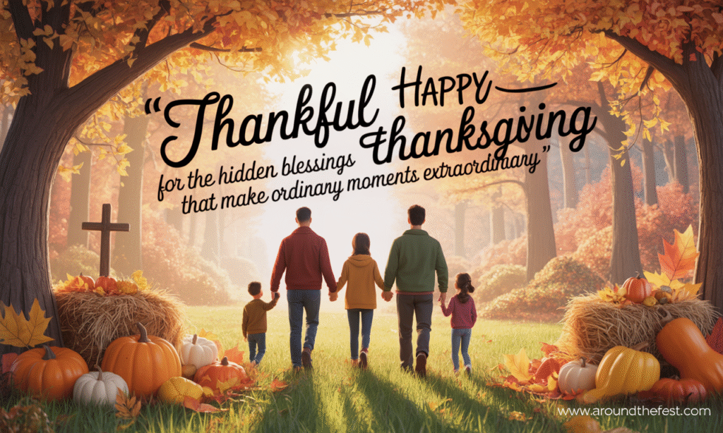"Family walking through a golden autumn forest holding hands in gratitude, small cross on a tree, sunlight filtering through leaves, overlay text: 'Thankful for the hidden blessings that make ordinary moments extraordinary.'"