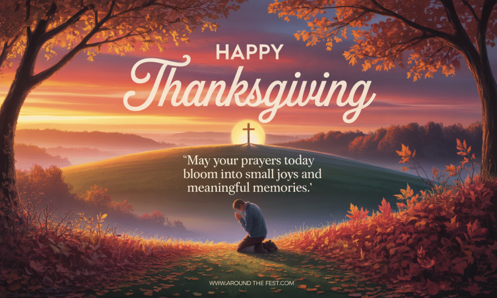 Happy Thanksgiving Wishes and Images "Sunrise over a hill with a silhouetted cross, person kneeling in prayer, autumn leaves scattered, overlay text: 'May your prayers today bloom into small joys and meaningful memories.'"