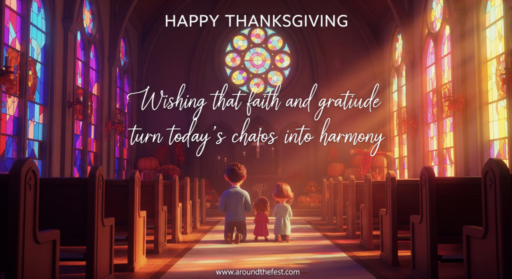 "Sunlit chapel with stained glass windows casting colorful light, family kneeling in prayer, autumn decor outside, overlay text: 'Wishing that faith and gratitude turn today’s chaos into harmony.'"