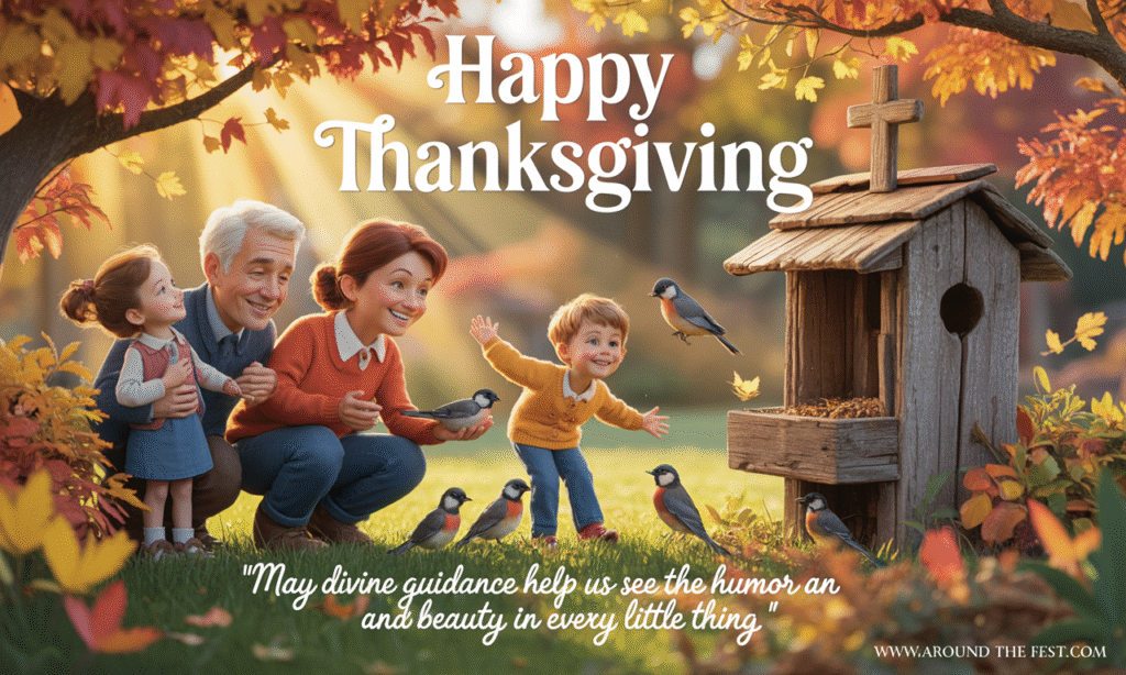 Happy Thanksgiving Wishes and Images "Family laughing together in a sunny autumn garden while feeding birds, small cross on tree stump, overlay text: 'May divine guidance help us see the humor and beauty in every little thing.'"