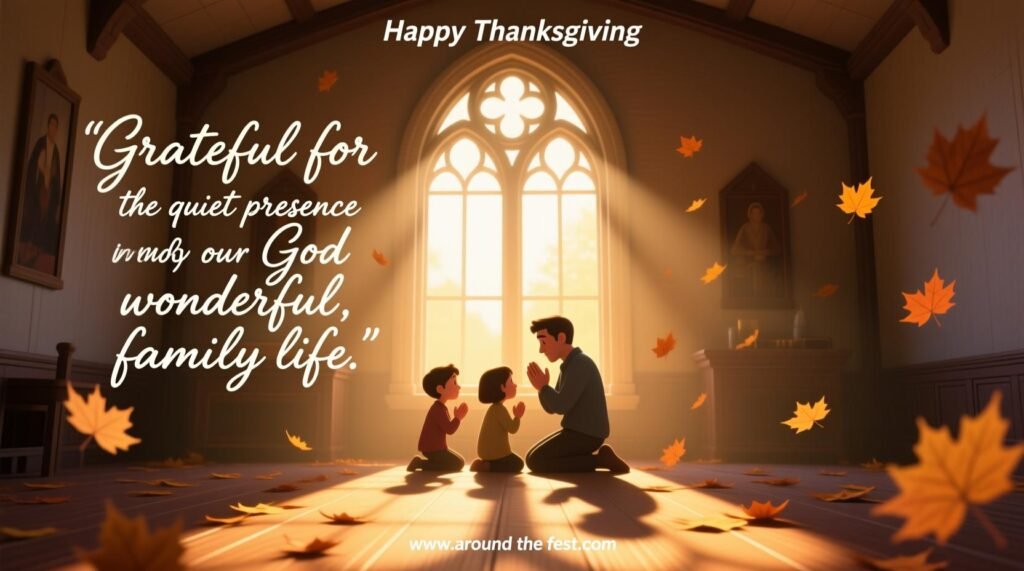 Sunlight streaming through a cross-shaped window onto a praying family’s shadows, floating autumn leaves, overlay text: 'Grateful for the quiet presence of God in our messy, wonderful family life.'"