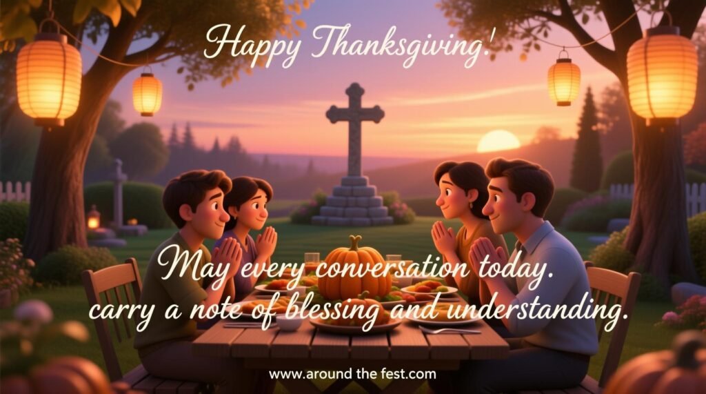"Family sitting around a wooden table in a quiet garden at sunset, small stone cross nearby, hands joined in prayer, overlay text: 'May every conversation today carry a note of blessing and understanding.'"