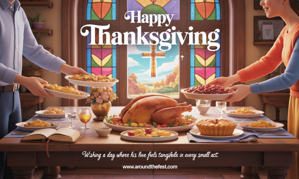 "Sunlight through a stained-glass church window onto a Thanksgiving meal in a rustic church hall, family helping each other serve food, overlay text: 'Wishing a day where His love feels tangible in every small act.'"