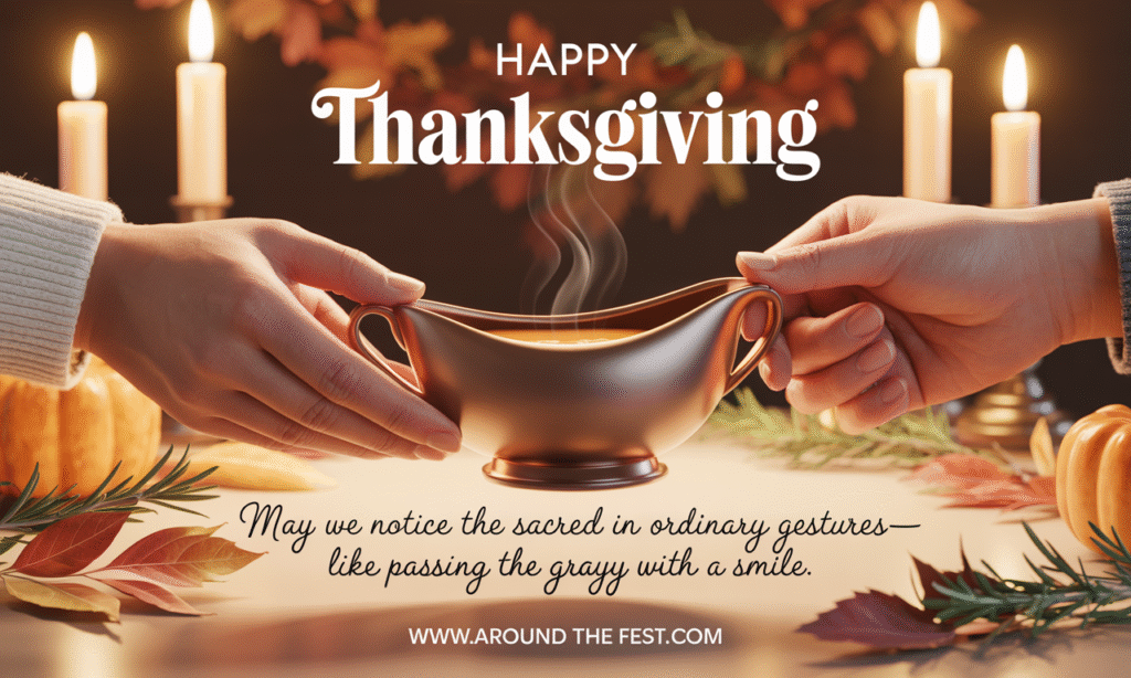 Thanksgiving wish with text “May we notice the sacred in ordinary gestures—like passing the gravy with a smile” overlayed on a cozy close-up of hands passing gravy at a family dinner table.