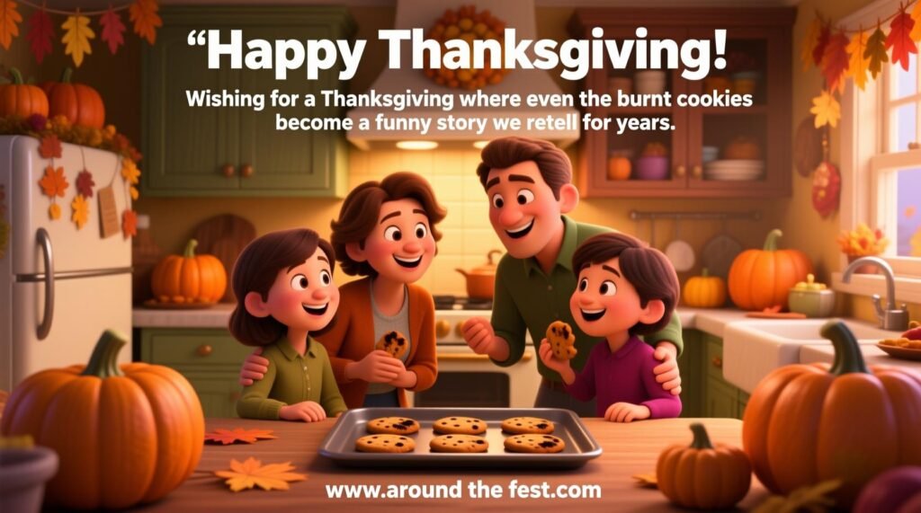 "Thanksgiving kitchen scene with burnt cookies on tray, family laughing together, warm autumn decor, overlay text celebrating funny family moments during Thanksgiving."