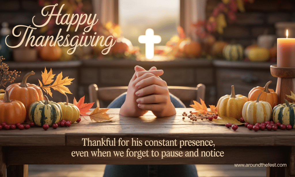 Thanksgiving wish image with text “Thankful for His constant presence, even when we forget to pause and notice” overlayed on a warm, peaceful family table scene with soft light symbolizing divine presence.