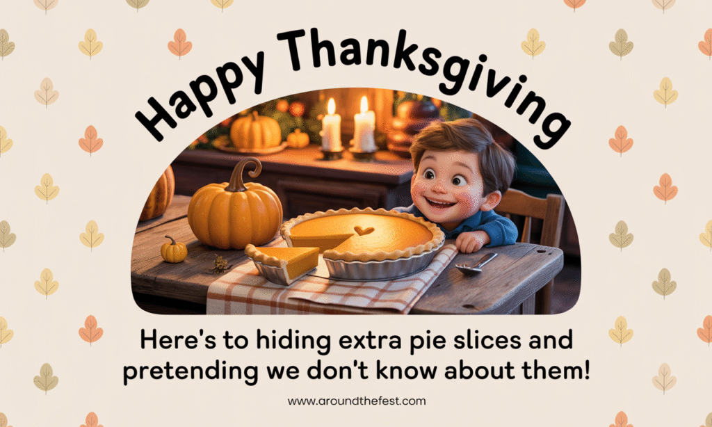 Thanksgiving wish with text “Here’s to hiding extra pie slices and pretending we don’t know about them!” overlayed on a cozy autumn dessert scene with a pumpkin pie and a playful, secretive gesture.