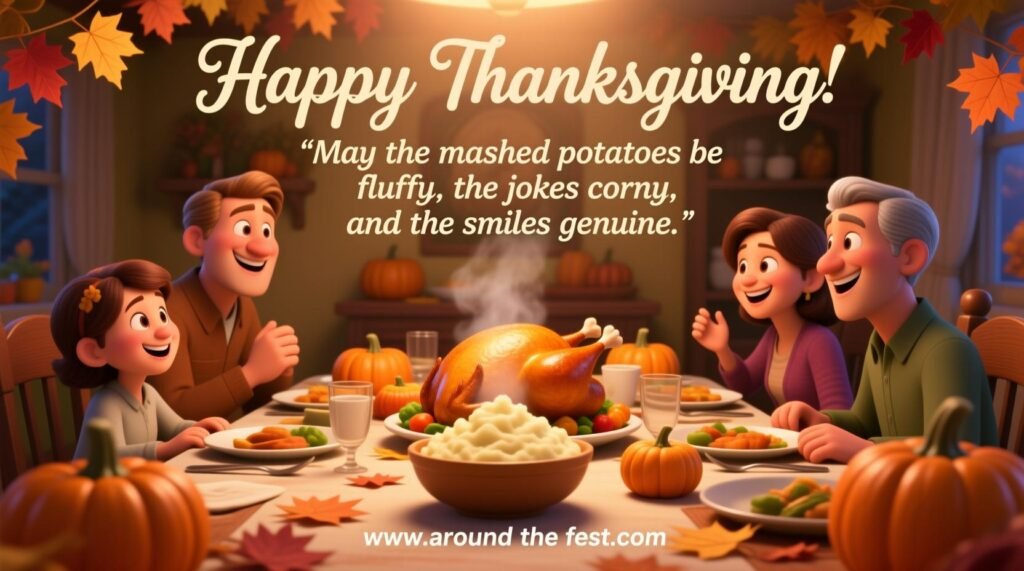 Cozy Thanksgiving table with fluffy mashed potatoes, roasted turkey, smiling family enjoying jokes, autumn decor, overlaying wish text."