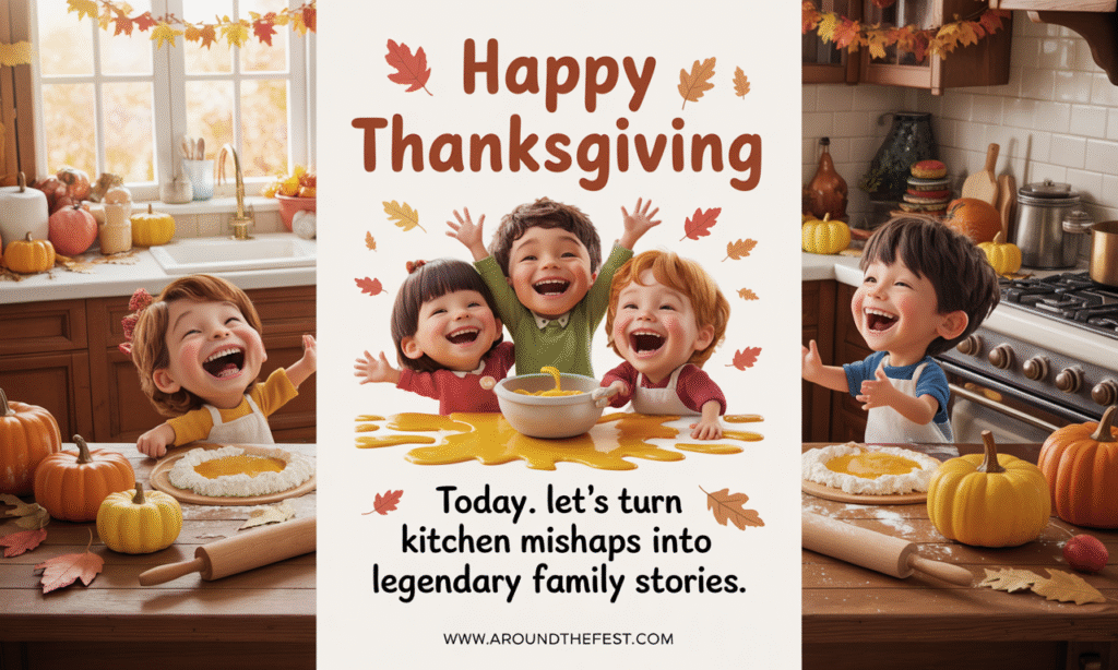 Happy Thanksgiving Wishes and Images "Busy Thanksgiving kitchen with spilled ingredients, laughing family members, autumn decorations, overlaying wish text about turning mishaps into family stories."