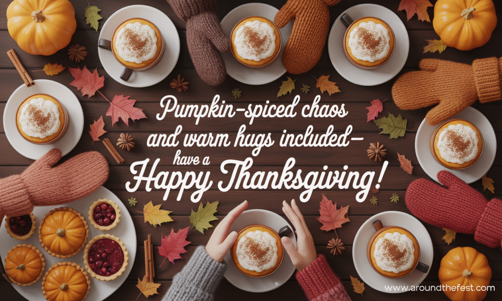 Top-down view of pumpkin-spiced drinks, autumn leaves, cozy mittens, and family hands reaching for treats, overlaying wish text about playful Thanksgiving."