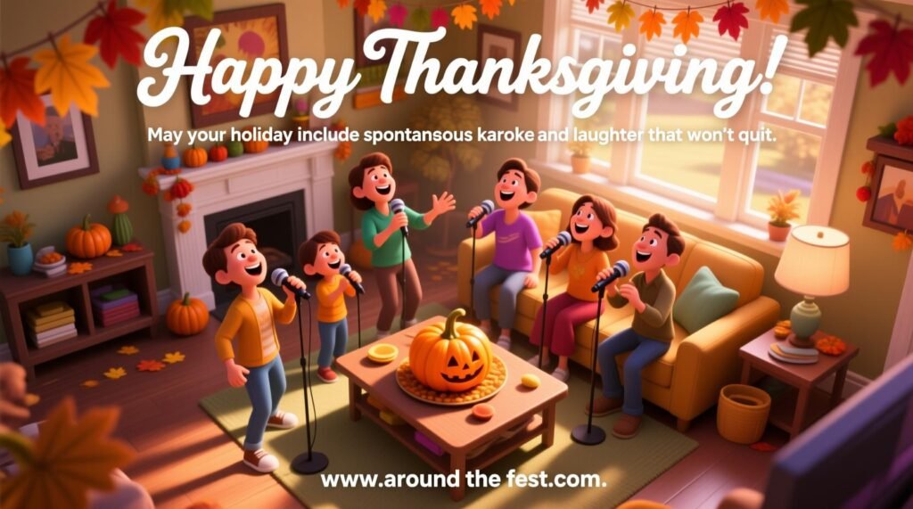 Overhead view of family and friends singing karaoke and laughing in cozy autumn living room with pumpkins and decorations, overlaying wish text about laughter."