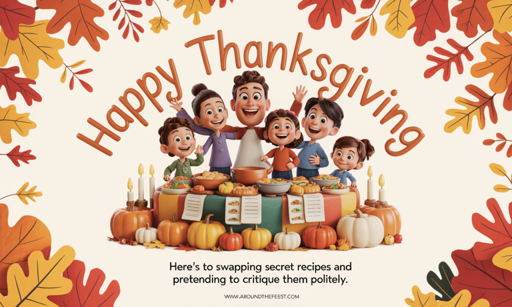 "Cartoon-style family exchanging Thanksgiving recipe cards and tasting dishes with funny expressions, colorful autumn kitchen decor, overlaying wish text about polite recipe critiques."