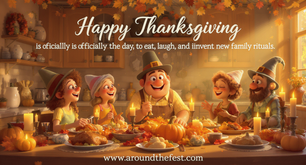 "Family enjoying Thanksgiving in cozy kitchen, eating, laughing, and playing games, warm autumn decor, overlaying wish text about inventing new family rituals."