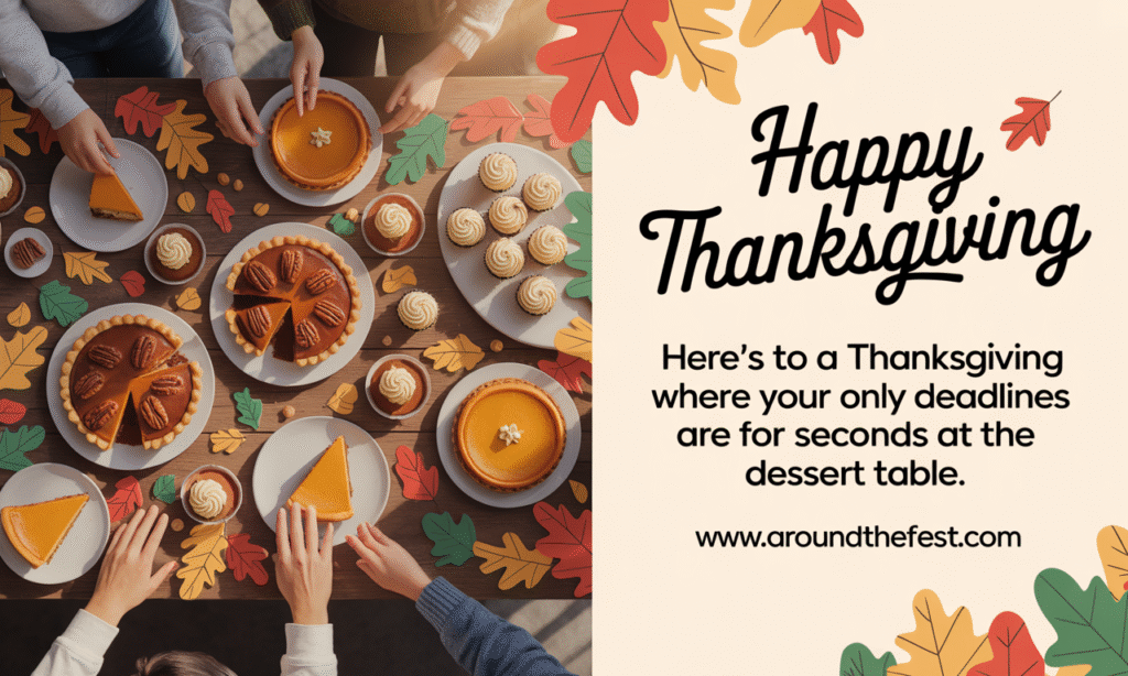 Overhead view of Thanksgiving dessert buffet with pies, cupcakes, and hands reaching for treats, autumn decor, overlaying wish text about dessert table deadlines."