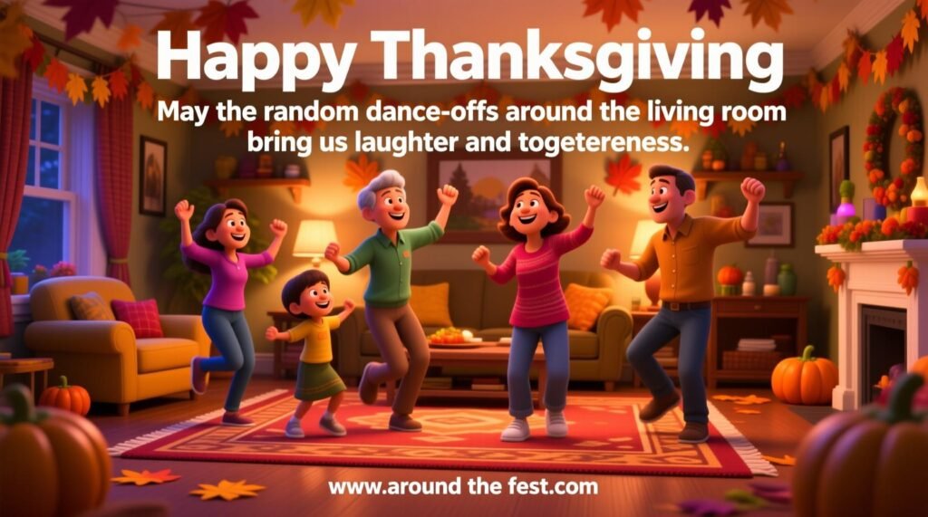 Happy Thanksgiving Wishes and Images "Thanksgiving living room scene with family dancing, autumn decor, warm lighting, overlay text celebrating laughter and togetherness during holiday dance-offs."